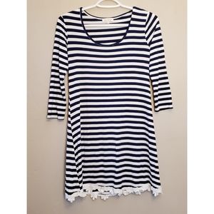 Red Camel Blue White Striped 3/4 Lace Dress XS